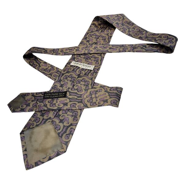 Giorgio Armani Vintage Purple Tan Black Abstract Paisley Necktie Italy 56 1/2" - Picture 2 of 8